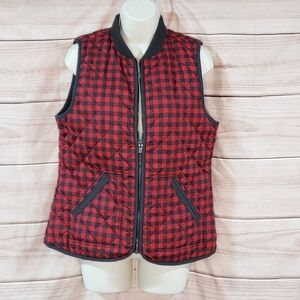 Old Navy vest red black check print quilted full zip pockets ribbed collar S